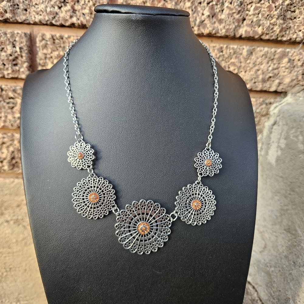 Silver and Orange Floral Statement Necklace Costume Jewelry Women's Spring